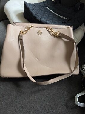 Anne Klein Pebbled Tote in Light Taupe with Gold Chain Accents